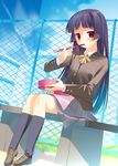  arikawa_satoru bench black_hair black_legwear blazer blush chain-link_fence chopsticks eating fence gokou_ruri jacket kneehighs loafers long_hair mole mole_under_eye obentou ore_no_imouto_ga_konna_ni_kawaii_wake_ga_nai red_eyes school_uniform shoes sitting solo 