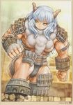  armor barba belua_maximus blue_eyes breasts castle chest_tuft colossus female fur gatten hair horns kyozou_musume muscles shadow shadow_of_the_colossus skin solo the_goliath white_hair 