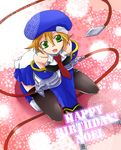  arc_system_works bare_shoulders beret black_legwear black_thighhighs blazblue detached_sleeves female full_body green_eyes gun happy_birthday hat looking_up necktie noel_vermillion open_mouth red_ribbon ribbon solo squat squatting takanon_(pixiv259581) thighhighs uniform weapon 
