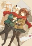  black_legwear bookmark brown_hair camera closed_eyes legs lying multiple_girls notebook on_back one_eye_closed oomiya original pantyhose postage_stamp scarf school_uniform shared_scarf short_hair white_hair 