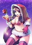  bad_id bad_pixiv_id bag bikini_top breasts christinya christmas cleavage gift gloves hand_on_hip highres hood long_hair medium_breasts navel original purple_hair red_gloves solo thighhighs yellow_eyes 