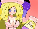  bed blonde_hair blush breasts cattleya_(pokemon) cleavage dream dreaming elite_four erect_nipples female halubato harubato hat large_breasts long_hair open_clothes open_shirt pokemon pokemon_(game) pokemon_black_and_white pokemon_bw purple_eyes shirt sleeping smile solo very_long_hair 