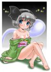  bad_id bad_pixiv_id bare_legs bare_shoulders barefoot black_hairband blue_eyes buzzsaw collarbone feet ghost grey_hair hairband highres japanese_clothes kimono konpaku_youmu konpaku_youmu_(ghost) obi off_shoulder sash short_hair silver_hair sitting solo touhou 