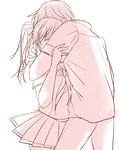  1boy 1girl artist_request hair_ribbon hug love_plus monochrome ponytail ribbon school_uniform serafuku simple_background sketch takane_manaka tears 