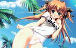  :o absurdres asuka_mirai blush cloud day dutch_angle embarrassed green_eyes gym_uniform hair_ribbon highres long_hair mikeou name_tag nanairo_kouro no_pants old_school_swimsuit one-piece_swimsuit open_mouth orange_hair outdoors palm_tree ribbon school_swimsuit see-through shirt_tug sky solo standing surprised swimsuit swimsuit_under_clothes thigh_gap thighs tree two_side_up wet wet_clothes white_school_swimsuit white_swimsuit 