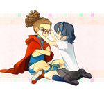  1girl blue_hair brother_and_sister cape dedede glasses goggles hairlocs inazuma_eleven inazuma_eleven_(series) kidou_yuuto otonashi_haruna red_eyes school_uniform short_hair siblings sitting 