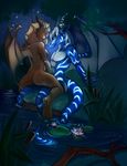  bioluminescence body_markings breasts chazori claws couple demicoeur dragon face_markings facial_markings female glow glowing glowing_markings hair horn horns lily_pad male markings nature night outside pond scalie straight tail tsuken water wings 