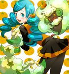  ace_trainer_(pokemon) aqua_eyes aqua_hair black_legwear cottonee drill_hair food fruit fruit_background gen_5_pokemon hug kabu_kabu long_hair mandarin_orange pantyhose poke_ball pokemon pokemon_(creature) pokemon_(game) pokemon_bw skirt smile solo_focus twin_drills twintails waist_poke_ball whimsicott 