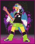  angela_austin anjila avian bass_guitar beak bird colorful female gloves leg_warmer lollipop orange_eyes peace_sign rainbow smile toucan v_sign wings 