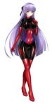 1girl alternate_costume asagami_fujino black_ribbon bodysuit boots breasts cameltoe corset damao_yu elbow_gloves full_body gloves hair_ribbon high_heel_boots high_heels highres kara_no_kyoukai large_breasts latex latex_bodysuit long_hair purple_hair red_eyes red_footwear red_gloves red_legwear ribbon simple_background skin_tight solo standing thigh_boots thighhighs white_background 