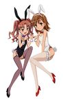  absurdres animal_ears black_legwear blush bow brown_eyes brown_hair bunny_ears bunny_girl bunny_tail bunnysuit detexted garters hair_bow highres kemonomimi_mode misaka_mikoto multiple_girls non-web_source nyantype open_mouth shinohara_kenji shirai_kuroko short_hair tail thighhighs third-party_edit to_aru_kagaku_no_railgun to_aru_majutsu_no_index twintails white_legwear wrist_cuffs 