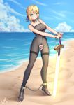  1girl absurdres ahoge artoria_pendragon_(all) beach bell bell_choker black_choker black_ribbon blonde_hair breasts chains choker cloud day excalibur fate/stay_night fate_(series) full_body green_eyes highres konishi_(565112307) large_breasts looking_at_viewer nipples ocean revealing_clothes ribbon ribbon_choker saber sand see-through short_hair signature smile solo standing sword weapon 