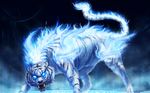  blue_fire_mane buildings claws demon fangs feline feral glowing_eyes solo tiger tiger_demon white_tiger 