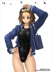  asics bad_anatomy bag breasts brown_eyes brown_hair cameltoe competition_swimsuit covered_nipples goggles hand_on_hip highleg highleg_swimsuit jacket k-on! medium_breasts murasaki_nyaa one-piece_swimsuit short_hair solo swimsuit tainaka_ritsu 