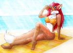  beach big_breasts bikini blue_eyes bracelet breasts canine eyeshadow female flowers fox hair jewelry long_hair looking_at_viewer makeup painted_nails red_hair seaside skimpy smile solo sunglasses tail toes towel vani-fox vani-fox_(character) vixen 