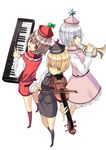  blonde_hair blue_eyes blue_hair bow_(instrument) brown_hair from_above frown hat instrument keyboard_(instrument) looking_up lunasa_prismriver lyrica_prismriver merlin_prismriver multiple_girls nabeshima_tetsuhiro perspective red_eyes siblings sisters smile touhou trumpet violin yellow_eyes 