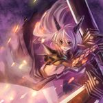  :d altea demon_girl dual_wielding edobox gauntlets holding horns long_hair midriff open_mouth pauldrons pixiv_fantasia pixiv_fantasia_4 pointy_ears purple_eyes purple_hair smile solo sword weapon 