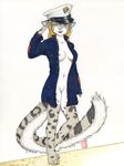  anthro ayukawataur breasts digitigrade feline female leopard looking_at_viewer mammal marines military nipples nude one_eye_closed plain_background salute snow_leopard solo uniform usmc walking white_background wink 