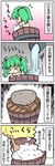  &gt;_&lt; 4koma blush_stickers bucket closed_eyes comic green_eyes green_hair highres in_bucket in_container kedamono_kangoku-tou kisume nude ohitsu rice rice_spoon rock solo touhou translated twintails undressing wooden_bucket 