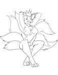  big_breasts big_penis black_and_white breasts canine canine_penis chest_tuft erection fox hands_behind_head herm intersex kame-sama88 kitsune knot licking_lips line_art monochrome multiple_tails nara nipples nude penis pose pussy sitting solo tail tongue tongue_out 