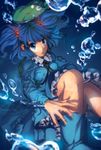  backpack bag blue_eyes blue_hair boots bubble colorized hair_bobbles hair_ornament hands hat hat_removed headwear_removed kawashiro_nitori kayako_(tdxxxk) key solo touhou twintails two_side_up underwater 