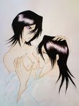  1boy 1girl black_hair bleach blush breast_grab breasts couple grabbing hand_on_another's_head highres japanese_clothes kuchiki_byakuya kuchiki_hisana licking looking_at_another nipple_licking nipples no_bra nude off_shoulder open_clothes parted_lips purple_eyes short_hair simple_background tongue tongue_out zabi2066 