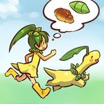  &gt;_&lt; :d bayleef blush_stickers boots bread chasing closed_eyes dress drooling food gen_2_pokemon green_hair hitec moemon open_mouth personification pokemon pokemon_(creature) ponytail running smile tail thought_bubble xd 
