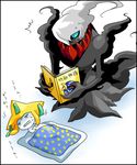  blanket book cresselia darkrai dream japanese_text jirachi legendary_pok&#233;mon lunatone nightmare nintendo plain_background pok&#233;mon pok&eacute;mon reading sleeping text translation_request unknown_artist video_games white_background 