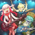  3girls :&lt; absurdres adapted_costume alpaca_ears alpaca_suri_(kemono_friends) animal_ear_fluff animal_ears arms_up bangs bara_bara_(pop_pop) bird_wings blonde_hair buttons closed_mouth commentary_request contemporary drum drumming drumsticks electric_guitar eyebrows_visible_through_hair floating_hair fur-trimmed_sleeves fur_collar fur_trim gloves green_eyes green_hair guitar hair_between_eyes hair_over_one_eye head_wings highres holding holding_instrument hood hood_up hoodie horizontal_pupils instrument jacket japanese_crested_ibis_(kemono_friends) kemono_friends long_hair long_sleeves looking_at_viewer looking_down multicolored multicolored_eyes multicolored_hair multiple_girls music neck_ribbon necktie open_mouth pantyhose pink_hair plaid plaid_skirt playing_instrument pleated_skirt plectrum pocket red_gloves red_hair red_legwear ribbon shirt shorts skirt slit_pupils snake_tail standing striped_hoodie striped_tail sweater_vest tail tsuchinoko_(kemono_friends) two-tone_hair wings yellow_eyes 