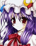  blush crescent hat long_hair mon_yashiro_well patchouli_knowledge purple_hair red_eyes shikishi solo touhou traditional_media 