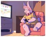  bulge chubby controller cute fur gaming gazpacho gazpacho_(artist) hair lagomorph male mammal overweight paws pink_hair playstation_3 rabbit ryanbunny scarf sitting sofa solo television tv video_games 