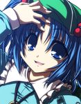  blue_eyes blue_hair elehime hair_bobbles hair_ornament hat kawashiro_nitori key solo touhou twintails two_side_up 