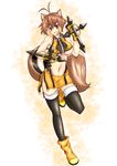  absurdres animal_ears bare_shoulders berkut blazblue blush boots breasts brown_eyes brown_hair highres makoto_nanaya medium_breasts miniskirt multicolored_hair orange_skirt revealing_clothes short_hair skirt smile solo squirrel_ears squirrel_tail tail thighhighs tonfa underboob weapon 