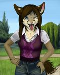  clothing feline female hair jeans magpie magpie_(artist) mammal one_eye_closed outside piercing ring shirt solo tee tongue tongue_piercing wink 