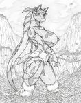  armor boots braid breasts chain collar dnapalmhead dragon ear_piercing female forest giant huge_breasts jewelry looking_at_viewer macro mountain necklace nipple_piercing nipples piercing scalie solo standing topless tree unconvincing_armour 