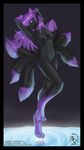  2008 black breasts canine escalina female fox kitsune markings multiple_tails nipples nude pose purple_hair raised_arm seductive sheba-windstorm solo stretch stretching tail water 