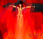  1girl bare bare_shoulders burn burning burning_at_the_stake cross crucifixion cruel death die execution eyes_closed fire guro helpless hot human_sacrifice long_hair pain painful ritual sacrifice solo witch witchhunt 
