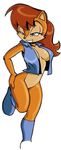  blue_eyes boots bottomless breasts edit female grin hand_on_hip mobian naughty_face pose raised_leg red_hair sally_acorn solo sonic_(series) vest wide_hips 