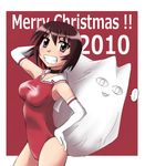  alternate_costume azumanga_daiou bare_shoulders brown_eyes brown_hair cat chiyo_chichi choker christmas elbow_gloves gloves grin hand_on_hip highres kagura_(azumanga_daiou) leotard morichan red_leotard sack short_hair smile solo white_gloves 