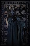  black dragon fur fursuit glowing glowing_eyes looking_at_viewer moons pattern_background photo qarrezel real realistic rug scalie simple_background stars 