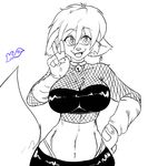  big_breasts breasts collar feline female fishnet gesture kilika midriff monochrome peace_sign skidd solo tail wide_hips 