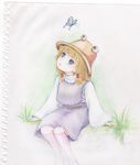  blonde_hair bloodshot_eyes bug butterfly colored_pencil_(medium) grass insect looking_up moriya_suwako scan sitting solo touhou traditional_media yaua 