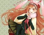  animal_ears bad_id bad_pixiv_id belt blush brown_eyes brown_hair bunny_ears fashion hair_ornament hairband hairclip hat long_hair long_sleeves miyake_achi original pantyhose red_legwear ribbon school_uniform solo 