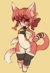  bottomless cat chibi clothed clothing feline female hair_band hair_bow half-dressed looking_at_viewer mammal red_eyes ricosye simple_background solo tan_background wide_hips 