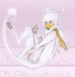  avian background_pattern blue_eyes digitigrade female freckles gryphon hoot hoot_(character) looking_at_viewer nude paws presenting pussy solo spreading tail tail_tuft white wings 