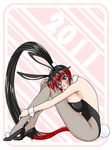  2011 animal_ears black_hair blue_eyes blush breast_press breasts bunny_ears bunny_tail bunnysuit cleavage fishnet_pantyhose fishnets hairband high_heels large_breasts leg_hug legs long_hair long_legs multicolored_hair nanbu_kaguya pantyhose ponytail ralsaz red_hair shoes sideboob solo super_robot_wars super_robot_wars_og_saga_mugen_no_frontier tail thighs two-tone_hair very_long_hair wrist_cuffs 