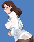  ass blue_background breasts brown_eyes brown_hair crotch_seam glasses large_breasts lips long_hair lowres matoyama original panties panties_under_pantyhose pantyhose see-through solo thong underwear wet wet_clothes 