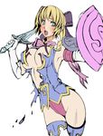  armpits blonde_hair blue_eyes blush boots breasts cassandra_alexandra elbow_gloves gloves large_breasts metadora necktie no_pants pink_neckwear ribbon shield solo soulcalibur soulcalibur_iv sword thigh_boots thighhighs torn_clothes weapon 