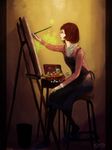  brown_hair brush canvas_(object) drawing easel glasses highres original palette plant profile shiino_nazumi short_hair sitting slippers solo 
