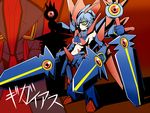  1girl armor blue_hair breasts cleavage gigalith midriff multi_arm multi_limb multiple_arms personification pokemon solo sumeshi sword weapon yellow_eyes 